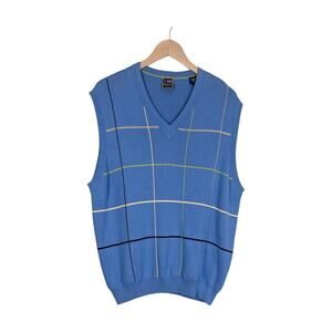 T Harris Sweater Vest V Neck Pullover Windowpane Plaid Golf Business Blue L